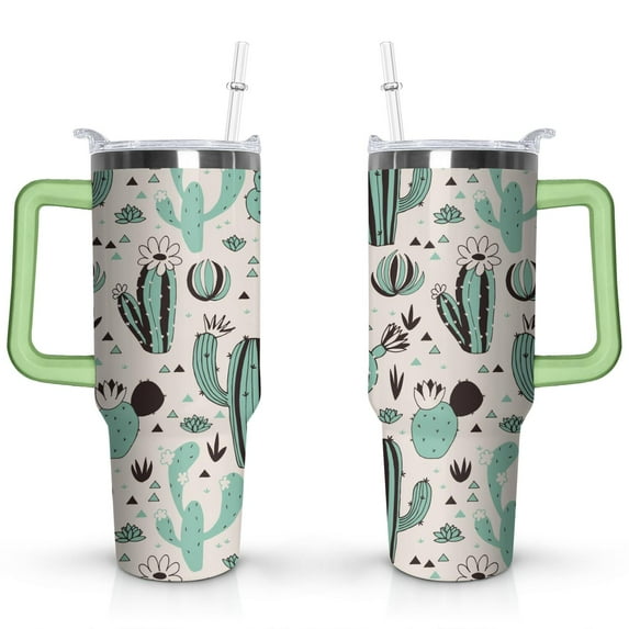 40oz Cactus Seamless Pattern Stainless Steel Flip Straw Tumbler Spill Proof Travel Cup Double Wall Vacuum Insulated Coffee Mug with Top Handle
