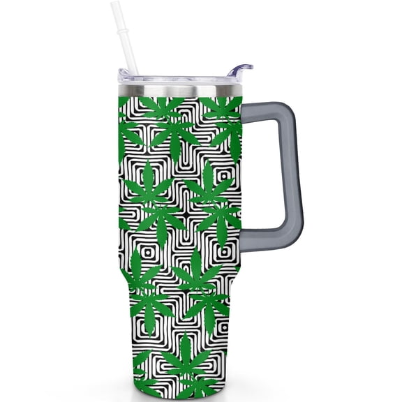 40oz Cannabis Leaves Tumbler with Handle Straw 40 oz Cannabis Leaves Theme Tumbler Spill Proof Lid Double Wall Insulated Mug Cannabis Leaves Gifts for Men Women Travel Accessories Must Have
