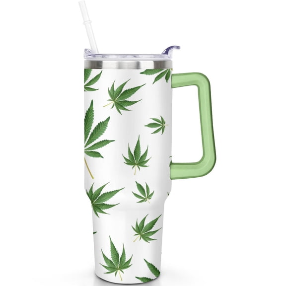 40oz Cannabis Leaves Tumbler with Handle Straw 40 oz Cannabis Leaves Theme Tumbler Spill Proof Lid Double Wall Insulated Mug Cannabis Leaves Gifts for Men Women Travel Must Haves