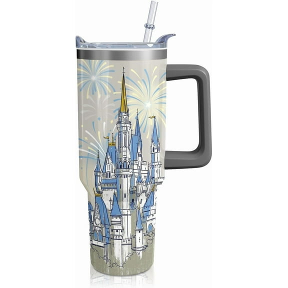 40oz Cartoon Blue Castle Theme Tumbler | with Handle and Lid and Straw | Firework Travel Coffee Mug -Birthday,Christmas Gift