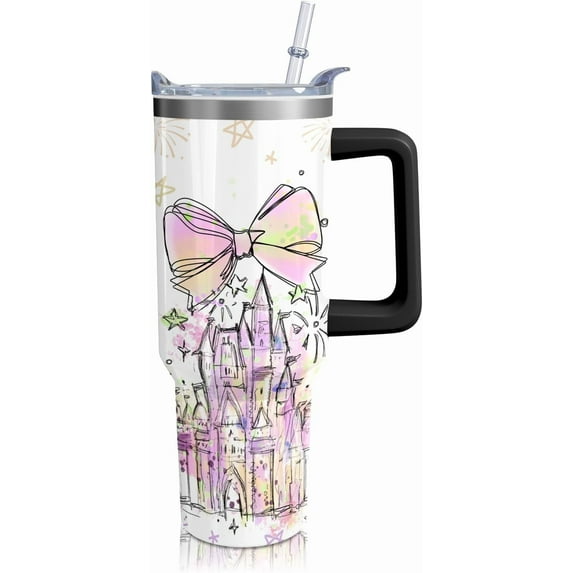 40oz Cartoon Castle Theme Tumbler | with Handle and Lid and Straw | Bowknot and Firework Travel Coffee Mug -Birthday,Christmas Gift