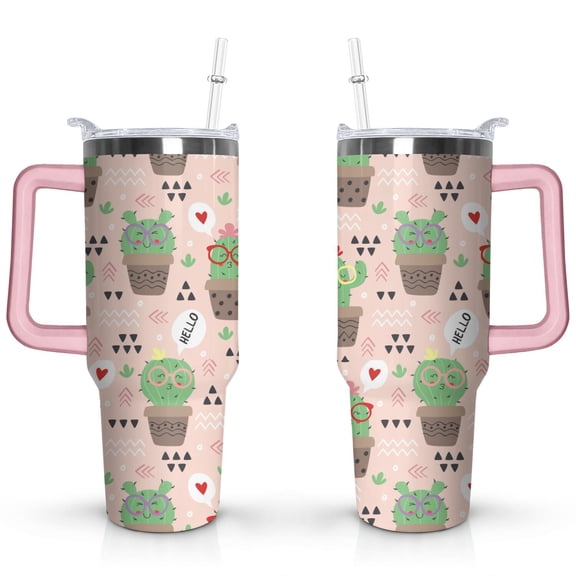 40oz Cartoon Funny Cactus Stainless Steel Flip Straw Tumbler Spill Proof Travel Cup Double Wall Vacuum Insulated Coffee Mug with Top Handle