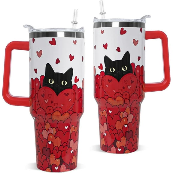 40oz Cat Lover Tumbler with Handle - Cute Black Cat & Hearts Design, Stainless Steel Insulated Coffee Travel Mug, Valentine''s Anniversary Wedding Birthday Gift for Women