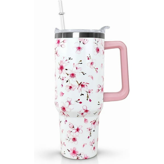 40oz Cherry Blossoms Tumbler with Handle Lid and Straw,Pink Cherry Blossoms Floral Coffee Mug Cup Water Bottles,Cherry Blossoms Gifts for Women,Cherry Blossoms Decor Stuff Accessories