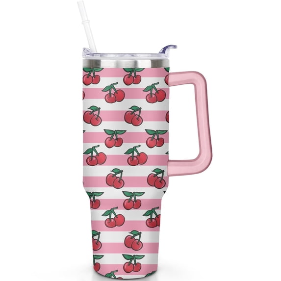 40oz Cherrys Theme Tumbler, Handle & Spill Proof Lid 40 oz Cherrys Tumbler, Straw Double Insulated Travel Mug Cherrys Gifts