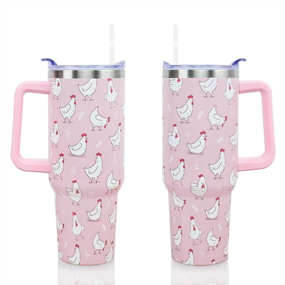 40oz Chicken Design Tumbler with Handle and Straw - Insulated Travel Mug, Pink Rooster Cup for Chicken Lovers - Christmas Birthday Gifts for Women