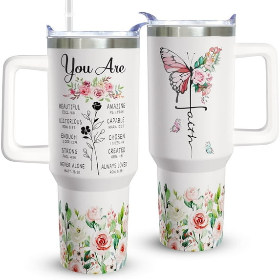 40oz Christian Tumblers with Handle, Straw and Lid - Faith-Based Tumbler Cup, Inspirational Religious Gift for Senior Women, Travel Coffee Mug