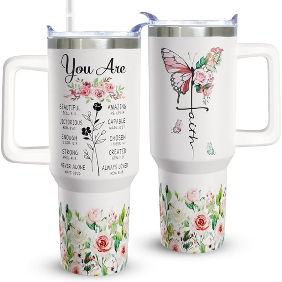 40oz Christian Tumblers with Handle, Straw and Lid - Faith-Based Tumbler Cup, Inspirational Religious Gift for Senior Women, Travel Coffee Mug