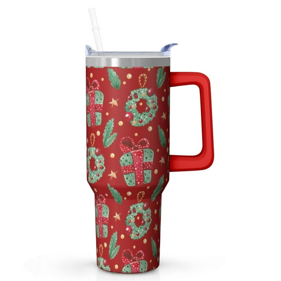 40oz Christmas Tree Tumbler with Lid and Straw, Stainless Steel Cup with Handle Red Bowknot Travel Mug, Holiday Presents for Women Men