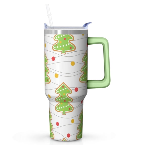40oz Christmas Tree Tumbler with Lid and Straw, Stainless Steel Cup with Handle Snowflakes Travel Mug, Holiday Presents