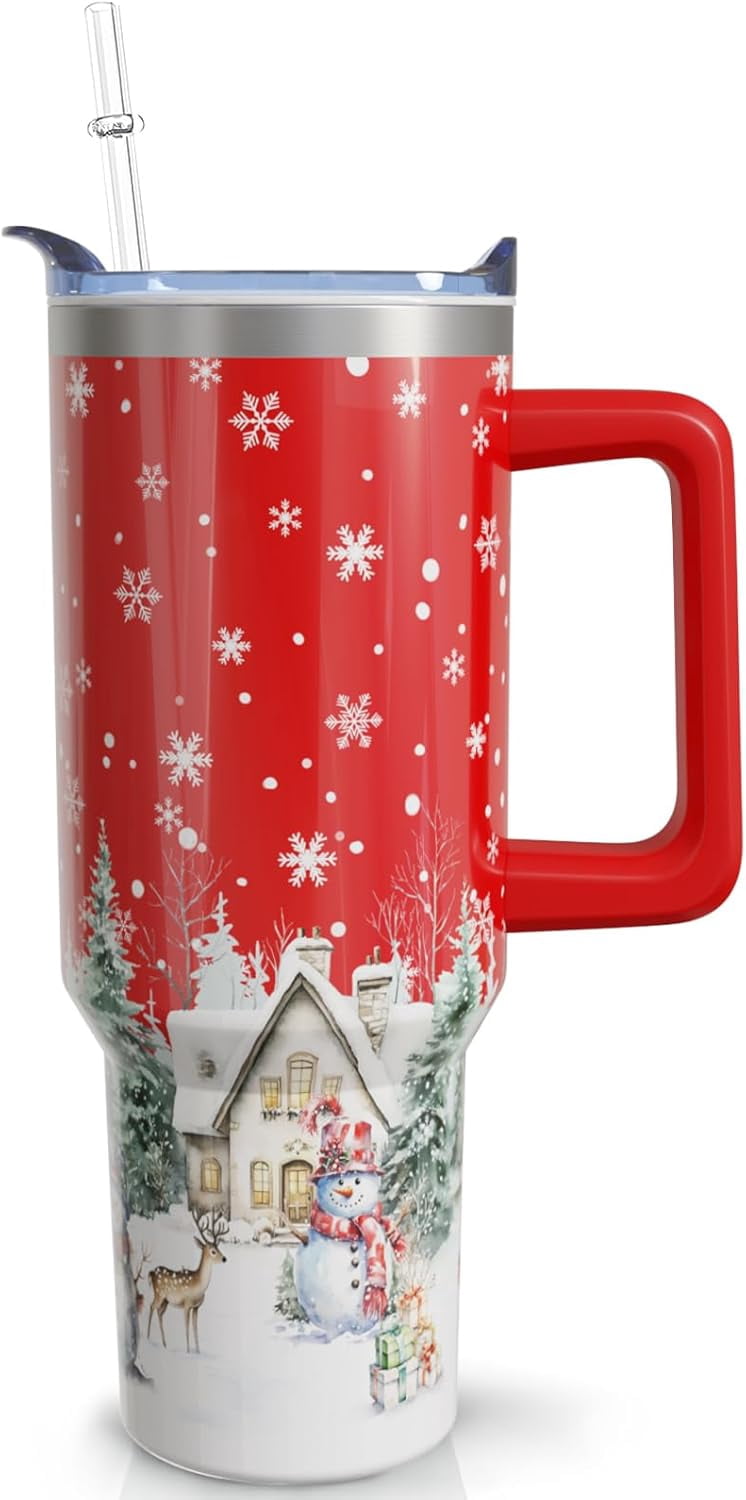 40oz Christmas Tumbler With Handle Lid and Straw, Stainless Steel Pink Xmas Snowman Insulated Coffee Cup, Christmas Gifts for Women/Mom/Daughter/Aunt/Girlfriend