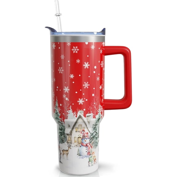 40oz Christmas Tumbler With Handle Lid and Straw, Stainless Steel Pink Xmas Snowman Insulated Coffee Cup, Christmas Gifts for Women/Mom/Daughter/Aunt/Girlfriend