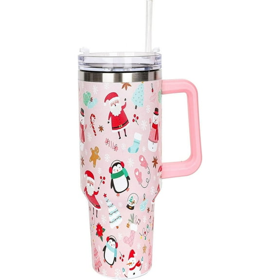 40oz Christmas Tumbler with Handle Straw and Lid Santa Snowman Penguin Travel Coffee Tumbler Cup for Xmas Winter Holiday Birthday Party Gift