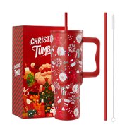 40oz Christmas Tumbler with Handle Straw and Lid, Sleepy Santa - Red