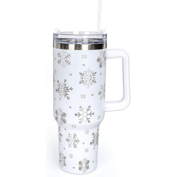 40oz Christmas Tumbler with Handle Straw and Lid Snowflake Travel Coffee Tumbler Cup for Xmas Winter Holiday Birthday Party Gift