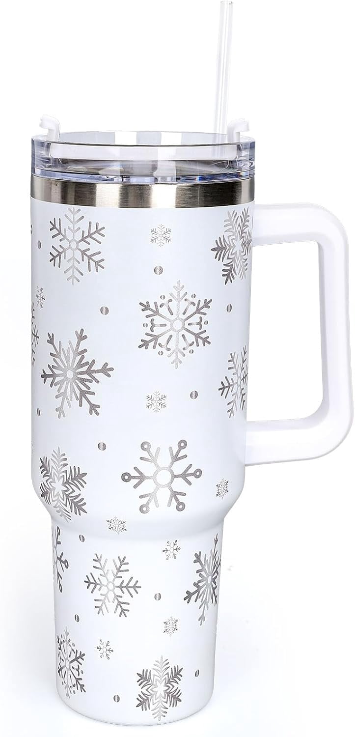 40oz Christmas Tumbler with Handle Straw and Lid Snowflake Travel
