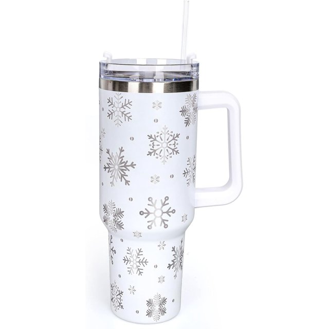 40oz Christmas Tumbler with Handle Straw and Lid Snowflake Travel