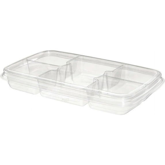 40oz Clear Rectangular Plastic Tray with Lid, 5 Compartment Fruit, Veggie and Snack Container, Reusable Food Serving Platter for Party, Buffet, Catering, Salad, and Dip (50)