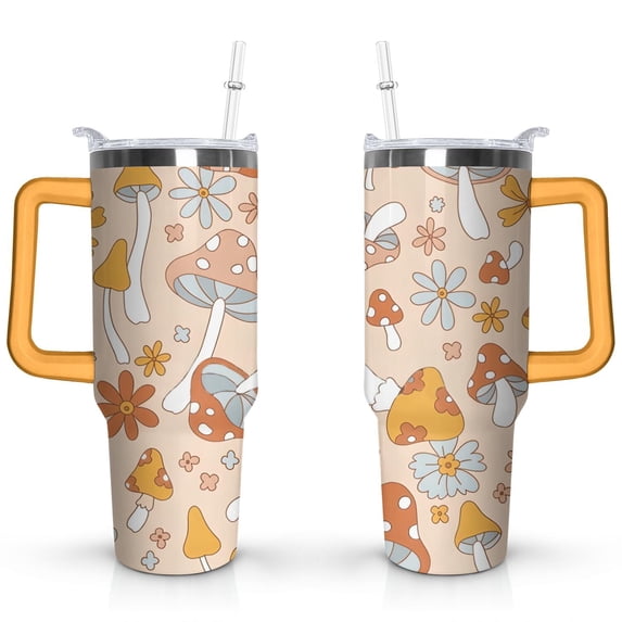 40oz Colorful Botanical Mushroom Stainless Steel Flip Straw Tumbler Spill Proof Travel Cup Double Wall Vacuum Insulated Coffee Mug with Top Handle