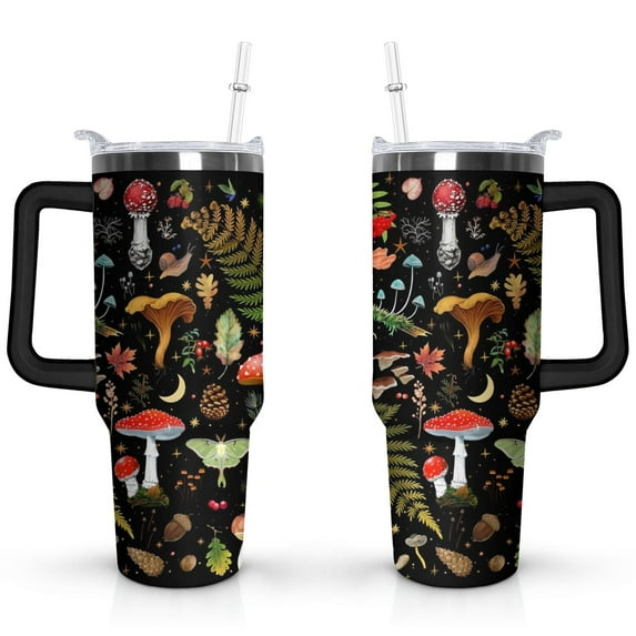 40oz Colorful Botanical Mushroom Stainless Steel Flip Straw Tumbler Spill Proof Travel Cup Double Wall Vacuum Insulated Coffee Mug with Top Handle