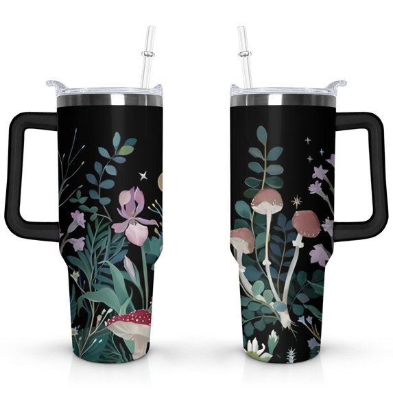 40oz Colorful Botanical Mushroom Stainless Steel Flip Straw Tumbler Spill Proof Travel Cup Double Wall Vacuum Insulated Coffee Mug with Top Handle