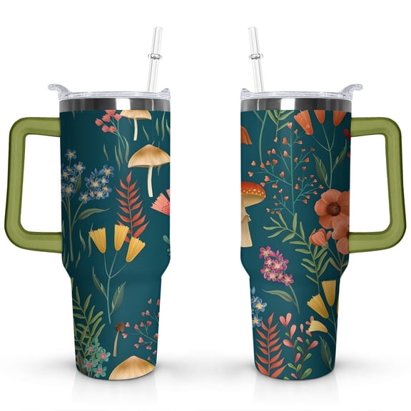 40oz Colorful Botanical Mushroom Stainless Steel Flip Straw Tumbler Spill Proof Travel Cup Double Wall Vacuum Insulated Coffee Mug with Top Handle