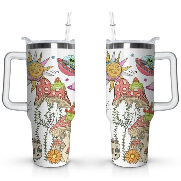 40oz Colorful Botanical Mushroom Stainless Steel Flip Straw Tumbler Spill Proof Travel Cup Double Wall Vacuum Insulated Coffee Mug with Top Handle