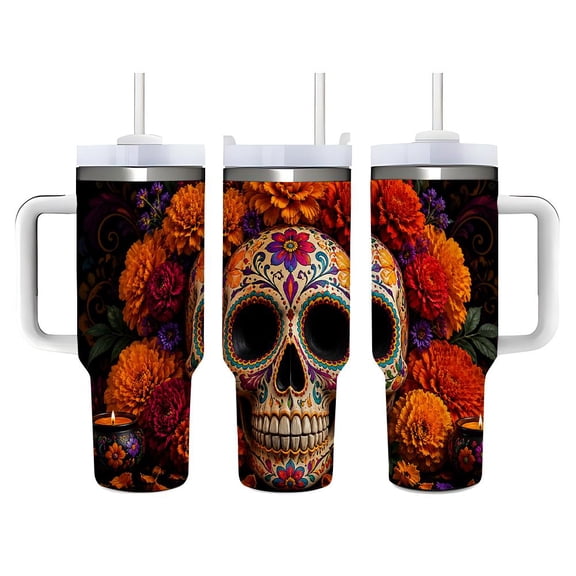40oz Colorful Sugar Skull Floral Stainless Steel Tumbler, Tumbler with Handle and Straw Double Wall Vacuum Insulated Travel Mug, Coffee Cups With Lids, Perfect Gifts For Birthday Holidays.