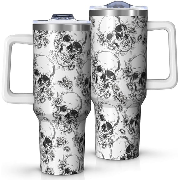 40oz Cool Skull Tumbler With Handle And Straw,Halloween Gifts For Trick or Treat Birthday Party,Women,Skull Lovers,Stainless Steel Cup Spill-Proof With Lid,Coffee Travel Mug