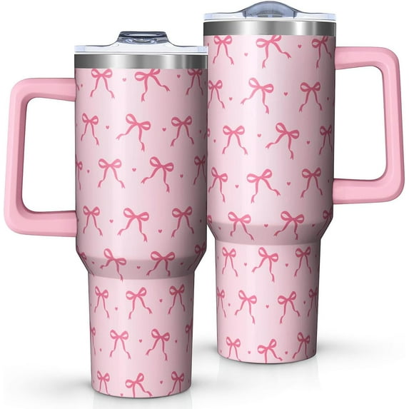 40oz Coquette Bow Tumbler with Handle and Straw,Thanksgiving Christmas Birthday Gift for Women Girls and Bow Lovers,Stainless Steel Cup Spill-Proof,Travel Coffee Mug Water Bottle