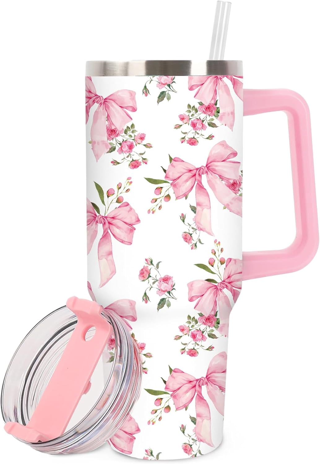 40oz Coquette Pink Bow Tumbler with Handle Lid and Straw Watercolor ...