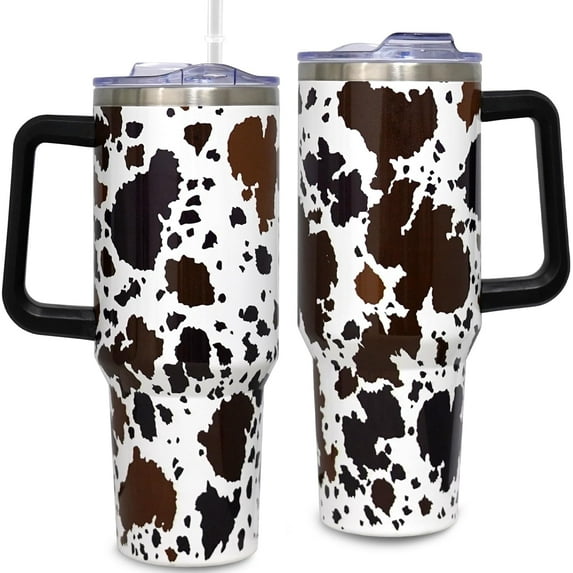 40oz Cow Print Tumbler With Handle,High Cow Tumbler with Lid and Straw,Brown High Cow Print Stainless Steel Travel Mug Iced Coffee Cup-High Cow Gifts for Women