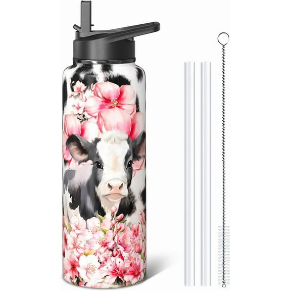 40oz Cow Print Water Bottle with Flip Straw and Spout Lid, Double-Wall Insulated Stainless Steel Sports Water Bottle for Travel, Gym, and Fitness – Ideal Gift for Women and Men (1 Piece)