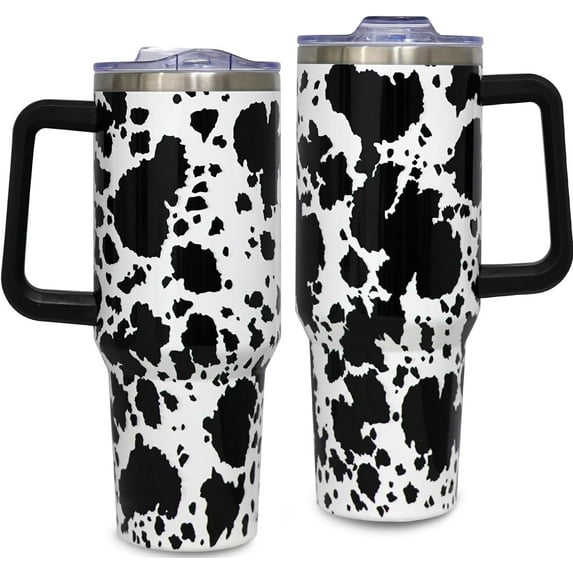 40oz Cow Tumbler With Handle Lid and Straw-Cow Print Stainless Steel Insulated Tumblers-Cow Travel Mug Iced Coffee Cup-Gifts for Women(Black)