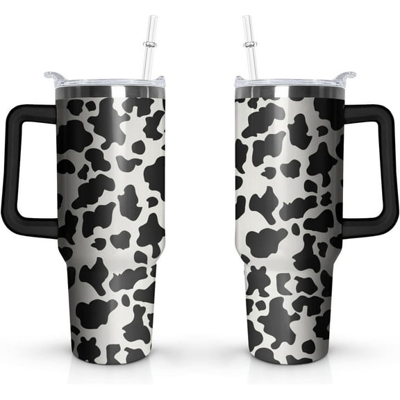 40oz Cow Tumbler with Handle and Straw Cow Insulated Cup with Leakproof Lid Coffee Mug Travel Drinking Cups Birthday Gifts for Men Women