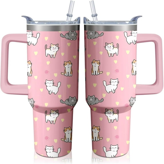 40oz Cute Cat Tumbler with Handle and Straw, Stainless Steel Insulated Cup with Lid, Travel Coffee Mug Water Bottle, Birthday Mothers Day Gifts for Women Men Animal Lovers