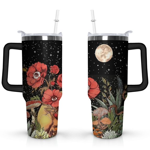 40oz Cute Colorful Botanical Mushroom Stainless Steel Flip Straw Tumbler Spill Proof Travel Cup Double Wall Vacuum Insulated Coffee Mug with Top Handle