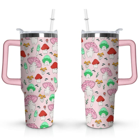 40oz Cute Colorful Botanical Mushroom Stainless Steel Flip Straw Tumbler Spill Proof Travel Cup Double Wall Vacuum Insulated Coffee Mug with Top Handle