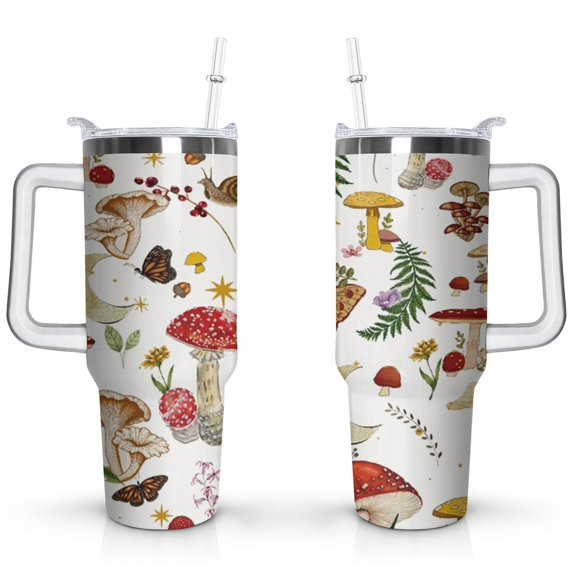 40oz Cute Colorful Botanical Mushroom Stainless Steel Flip Straw Tumbler Spill Proof Travel Cup Double Wall Vacuum Insulated Coffee Mug with Top Handle