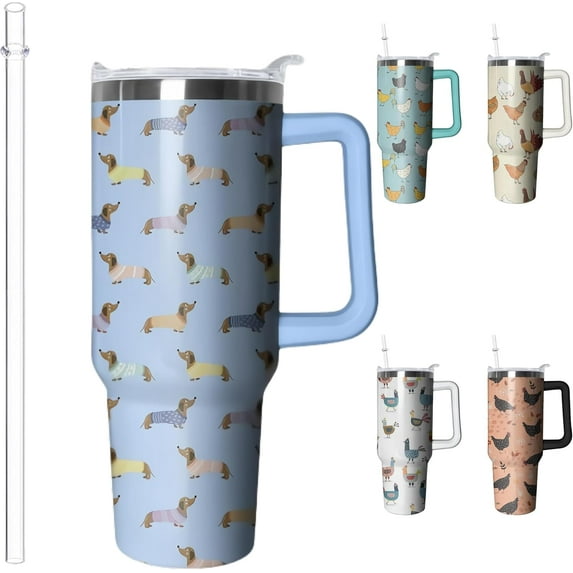 40oz Cute Dachshund Tumbler with Handle and Straw, Stainless Steel Insulated Cup with Lid and Straw, Travel Mug Water Bottle, Gifts for Women