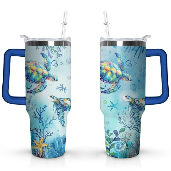 40oz Cute Ocean Life Turtle Stainless Steel Flip Straw Tumbler Spill Proof Travel Cup Double Wall Vacuum Insulated Coffee Mug with Top Handle