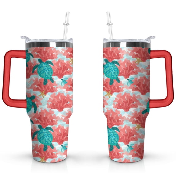 40oz Cute Ocean Life Turtle Stainless Steel Flip Straw Tumbler Spill Proof Travel Cup Double Wall Vacuum Insulated Coffee Mug with Top Handle