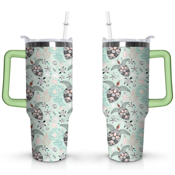 40oz Cute Ocean Life Turtle Stainless Steel Flip Straw Tumbler Spill Proof Travel Cup Double Wall Vacuum Insulated Coffee Mug with Top Handle