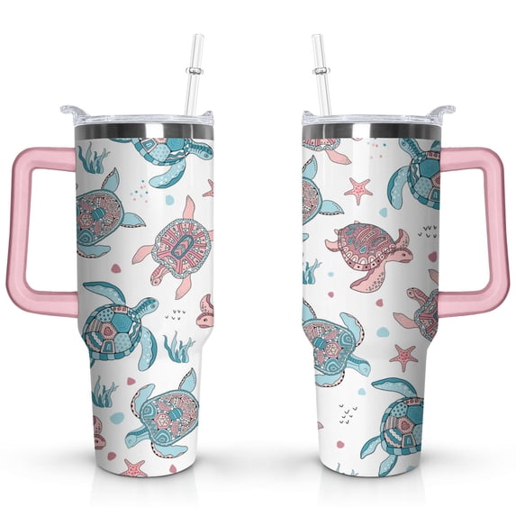 40oz Cute Ocean Life Turtle Stainless Steel Flip Straw Tumbler Spill Proof Travel Cup Double Wall Vacuum Insulated Coffee Mug with Top Handle