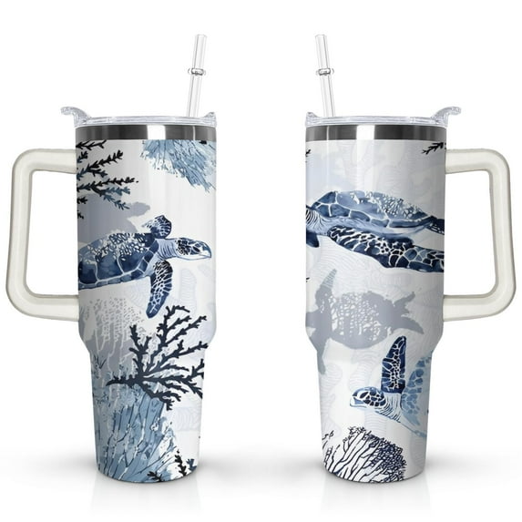 40oz Cute Ocean Life Turtle Stainless Steel Flip Straw Tumbler Spill Proof Travel Cup Double Wall Vacuum Insulated Coffee Mug with Top Handle