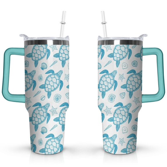 40oz Cute Ocean Life Turtle Stainless Steel Flip Straw Tumbler Spill Proof Travel Cup Double Wall Vacuum Insulated Coffee Mug with Top Handle