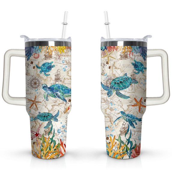 40oz Cute Ocean Life Turtle Stainless Steel Flip Straw Tumbler Spill Proof Travel Cup Double Wall Vacuum Insulated Coffee Mug with Top Handle