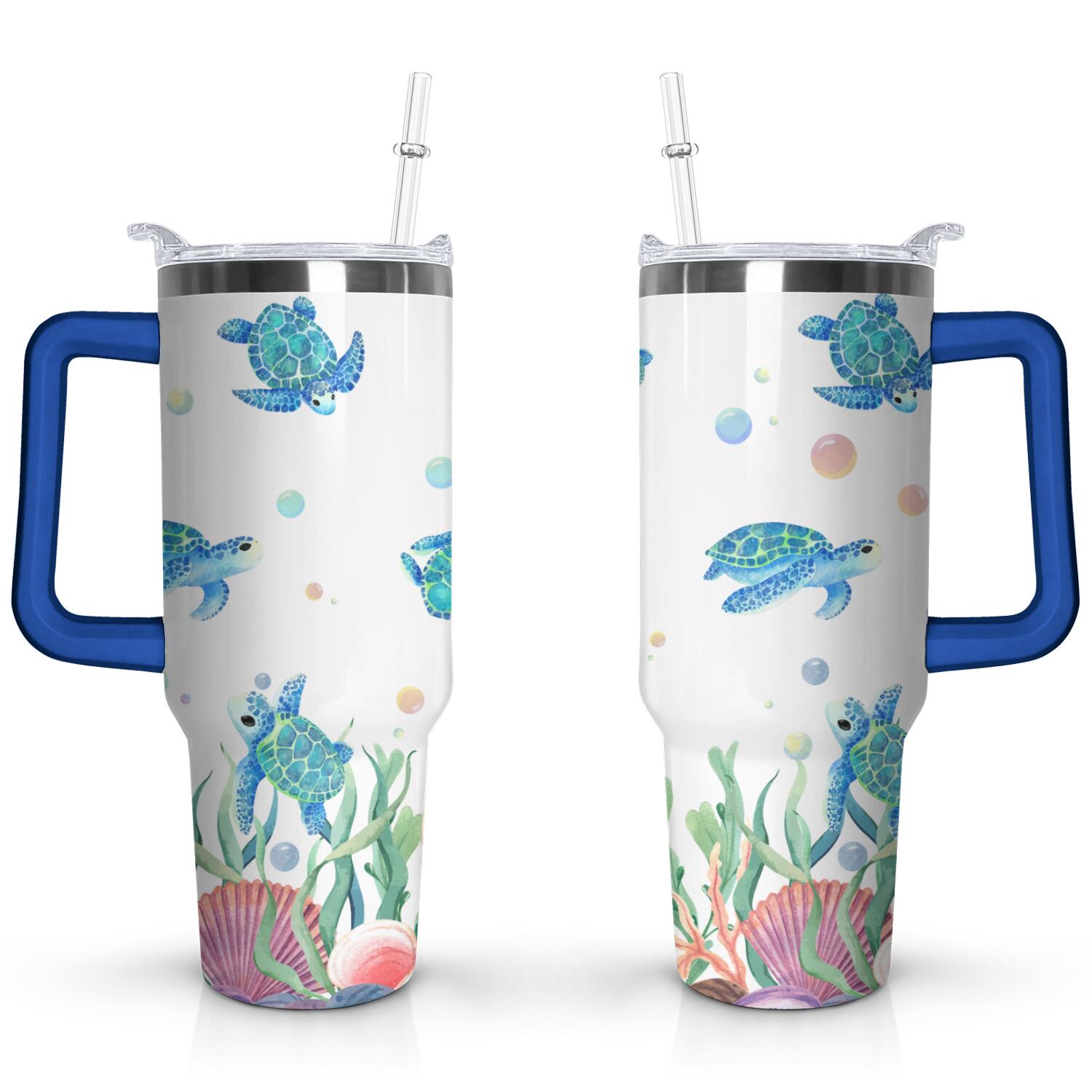 40oz Cute Ocean Life Turtle Stainless Steel Flip Straw Tumbler Spill ...