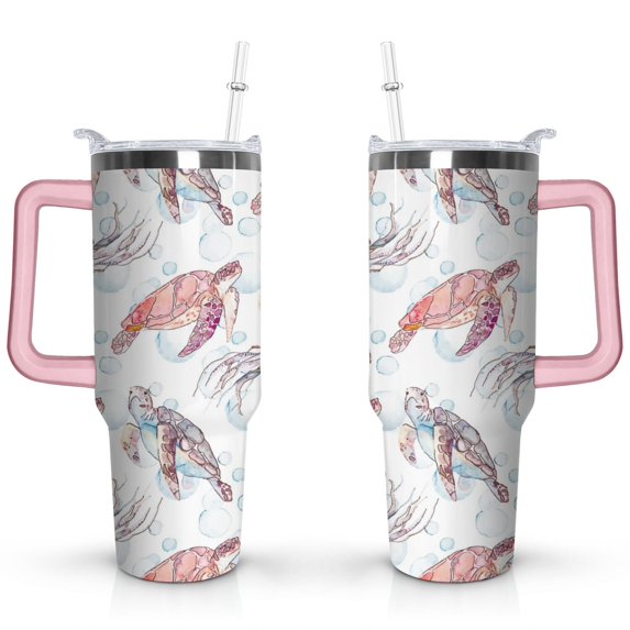 40oz Cute Ocean Life Turtle Stainless Steel Flip Straw Tumbler Spill Proof Travel Cup Double Wall Vacuum Insulated Coffee Mug with Top Handle