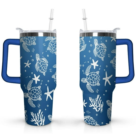 40oz Cute Ocean Life Turtle Stainless Steel Flip Straw Tumbler Spill Proof Travel Cup Double Wall Vacuum Insulated Coffee Mug with Top Handle